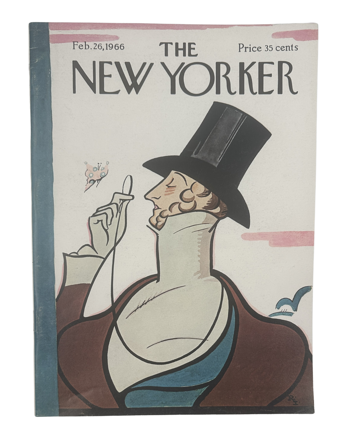 The New Yorker Magazine February 26, 1966 Top Hat Butterfly Rea Irvin Cover VG, featuring an illustrated gentleman in a top hat with a butterfly on the vintage magazine cover.