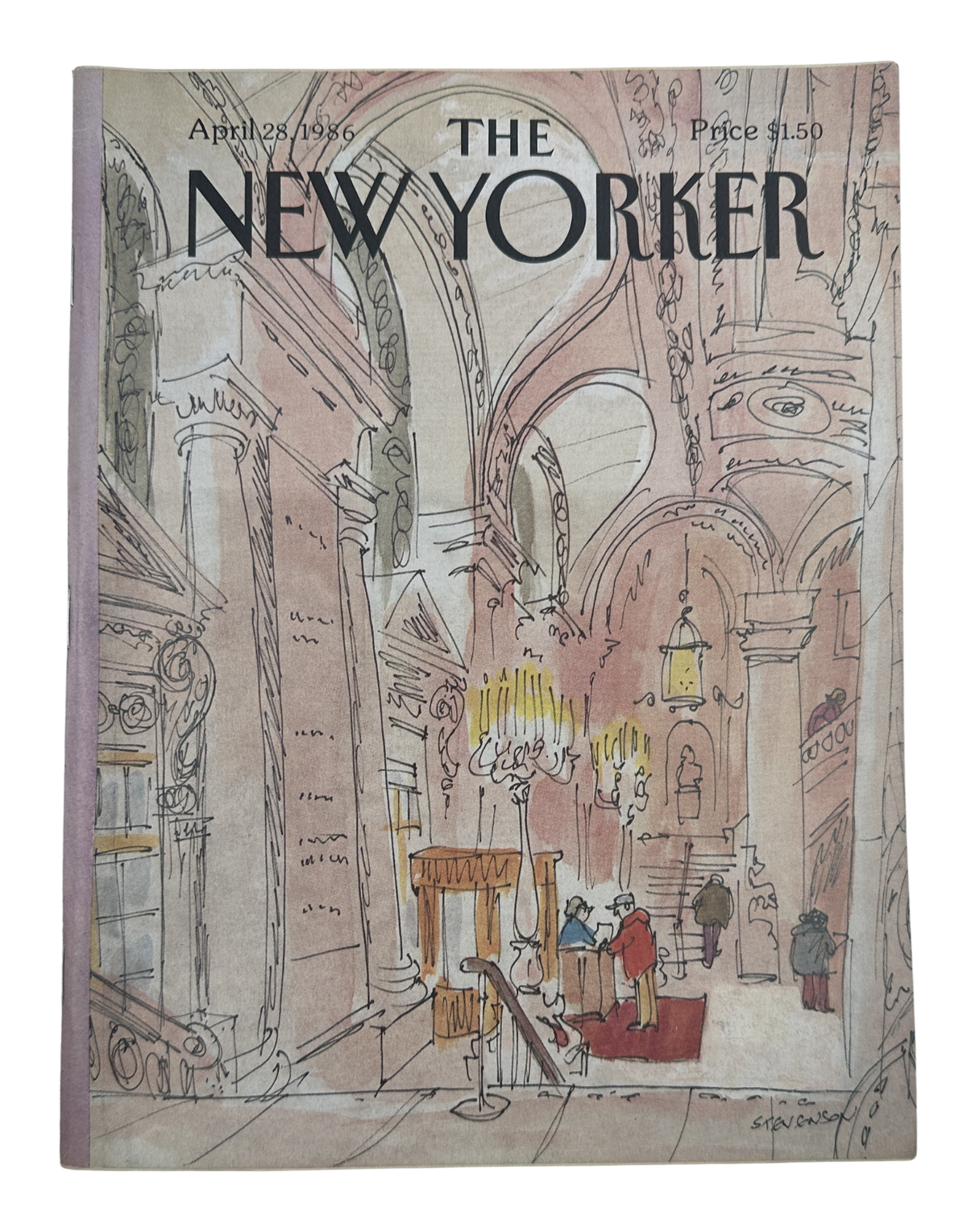 The New Yorker Magazine April 28, 1986 Hotel Lobby Interior James Stevenson Cover VG, featuring an illustrated hotel lobby interior with arched architecture, chandeliers, guests, and luggage.