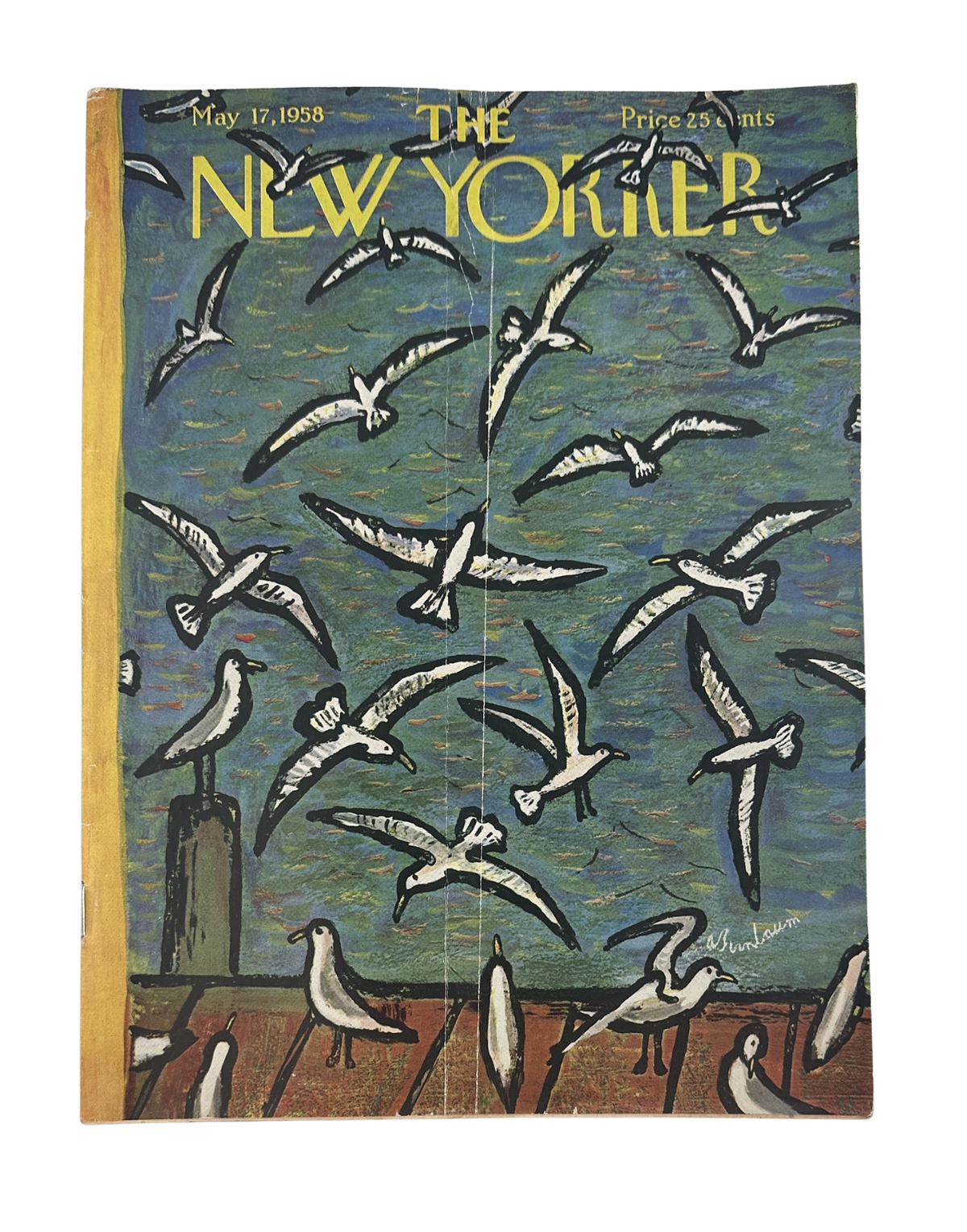 The New Yorker Magazine May 17, 1958 Seaside Seagulls Abe Birnbaum Cover featuring illustrated seagulls flying over a seaside pier