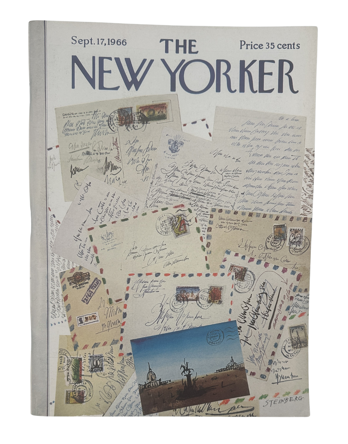 The New Yorker Magazine September 17, 1966 Postcards Saul Steinberg Cover VG, featuring the illustrated postcard-themed cover with handwritten letters, postage stamps, and a postcard image.