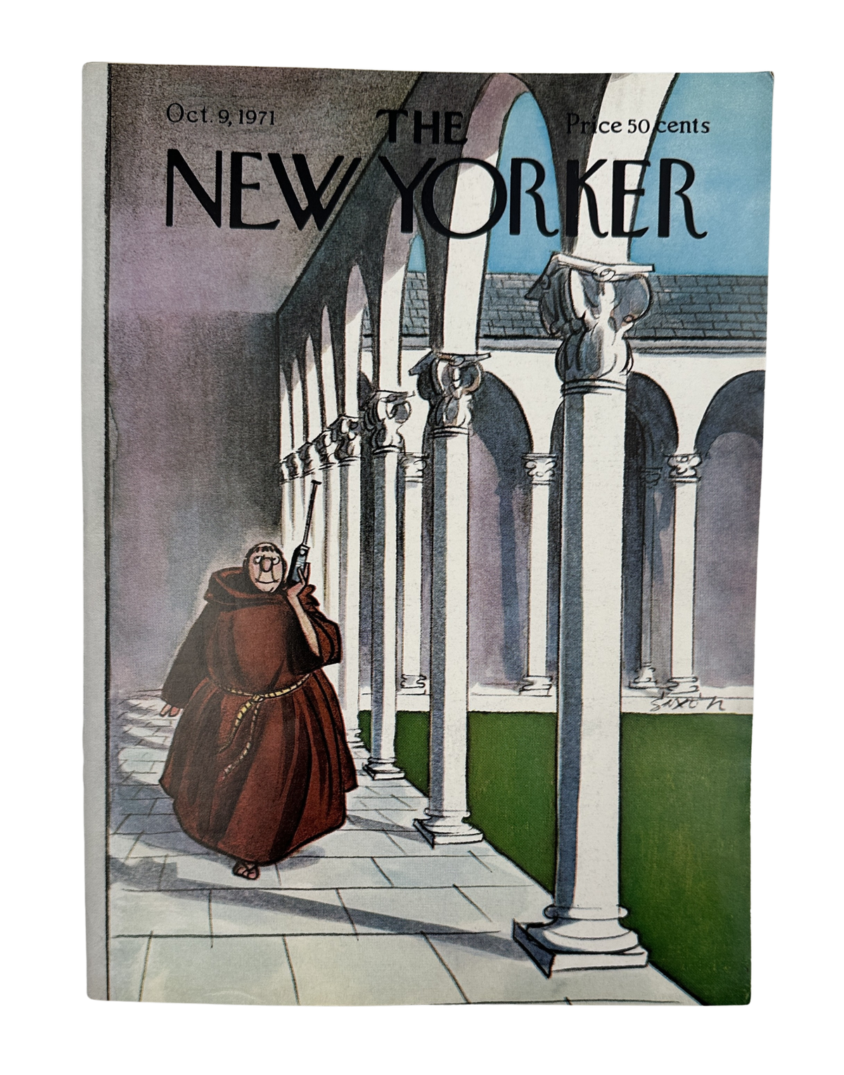 The New Yorker Magazine October 9, 1971 Monk Elephant Columns Charles Saxon Cover VG, featuring a robed monk walking among elephant-headed columns on the illustrated front cover.