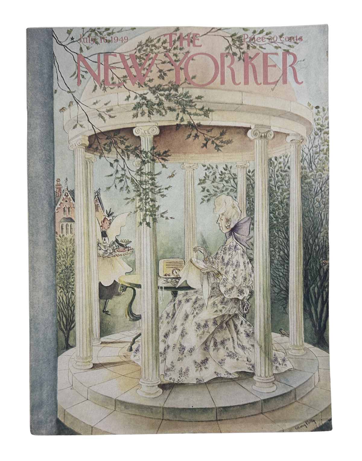 The New Yorker Magazine July 16, 1949 Gazebo Radio Garden Mary Petty Cover featuring a vintage illustrated gazebo garden scene with a woman in a floral dress