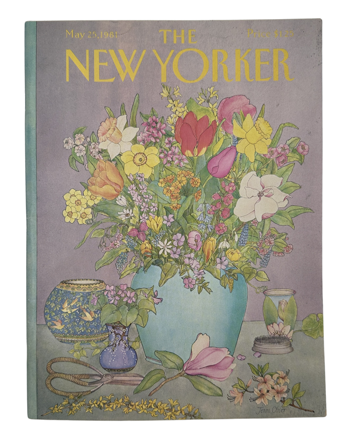 The New Yorker Magazine May 25, 1981 Floral Still Life Jenni Oliver Cover featuring a colorful bouquet of flowers in a vase with additional floral artwork and the yellow New Yorker masthead.