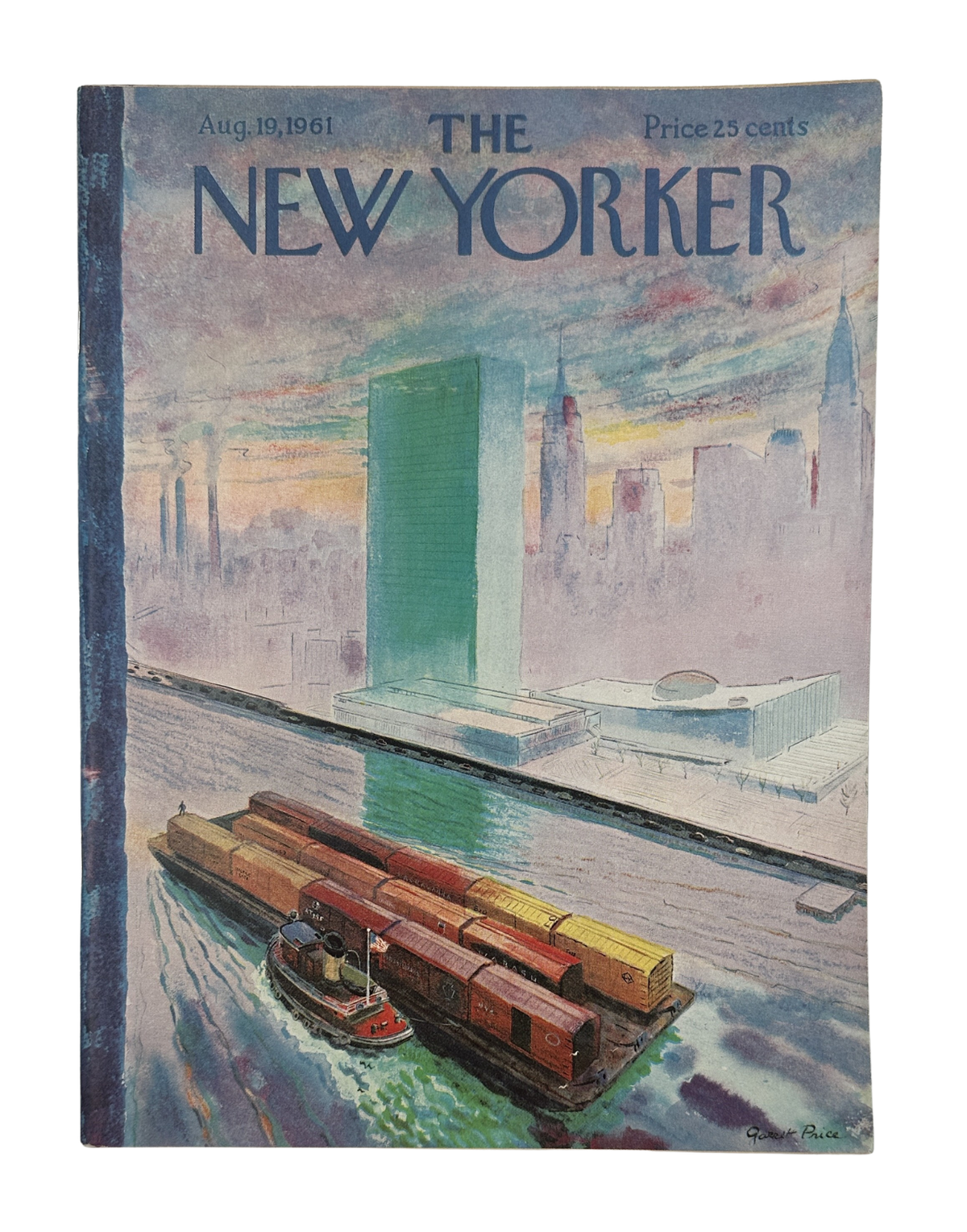 The New Yorker Magazine August 19, 1961 UN Skyline Barge Garrett Price Cover VG, vintage illustrated cover showing a barge on the waterfront with the United Nations skyline in the background