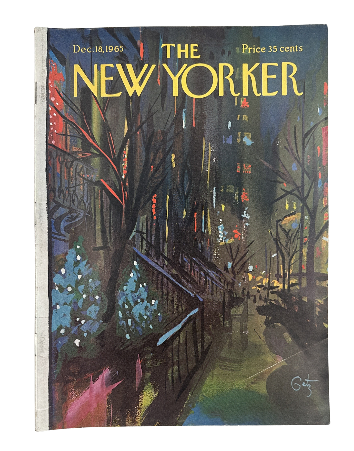The New Yorker Magazine December 18, 1965 City Street Night Lights Arthur Getz Cover, featuring an illustrated nighttime city street scene with glowing windows, trees, and the New Yorker masthead.