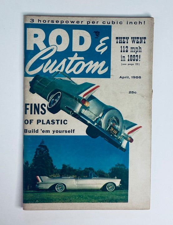 Rod & Custom Magazine April 1956 Volume 3 Number 12 cover featuring the article 'Fins of Plastic' showcasing innovative automotive designs.