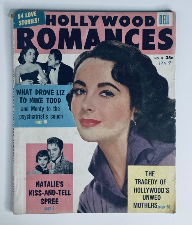 VTG Hollywood Romances Magazine 1957 #11 featuring Liz Taylor on the cover, showcasing classic Hollywood romance, with headlines including 'What Drove Liz to Mike Todd?' and 'Natalie's Kiss-and-Tell Spree.'