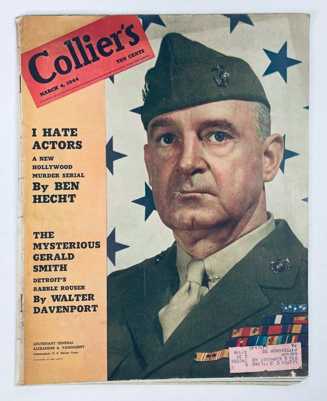 VTG Collier's Magazine March 4 1944 featuring Lieutenant General Alexander Vandergrift on the cover, with bold headlines and colorful illustrations depicting military themes and historical context.