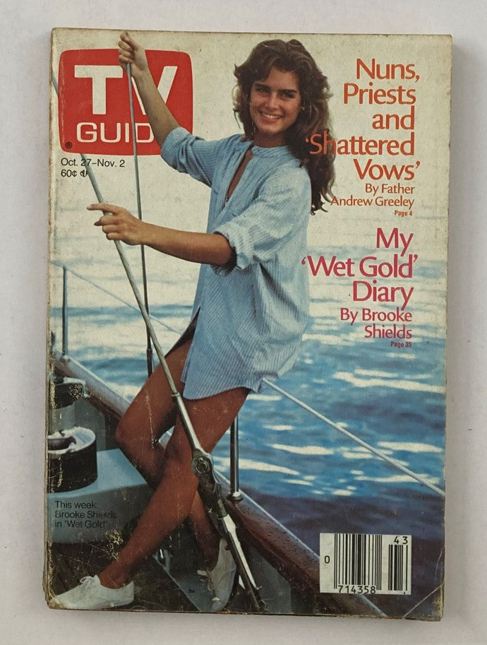 TV Guide Magazine from October 27, 1984 featuring Brooke Shields on the cover with the headline 'My Wet Gold Diary'. This vintage magazine captures television history, showcasing a young Brooke Shields dressed in a light shirt, sailing.