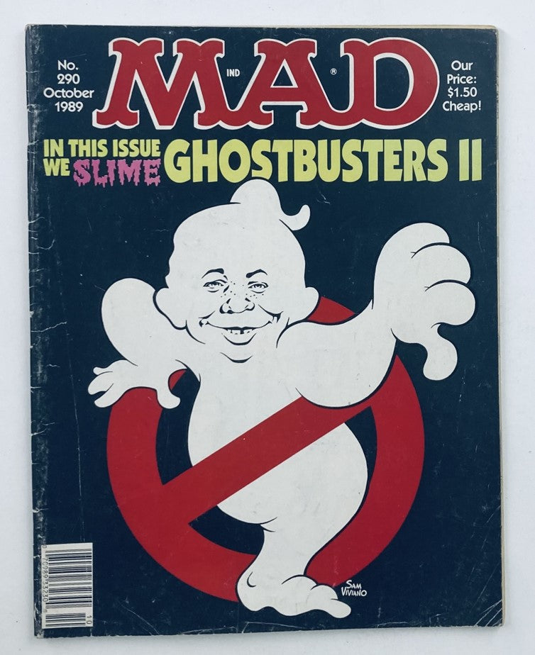 Cover of Mad Magazine October 1989 No. 290 featuring an illustration of a ghost with the caption 'IN THIS ISSUE WE SLIME GHOSTBUSTERS II', reflecting the pop culture humor of the late 80s.