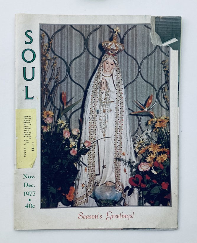 Cover of VTG Soul Magazine November 1977 featuring the Statue of the Immaculate Heart, adorned with flowers and decorations, conveying a sense of spirituality.