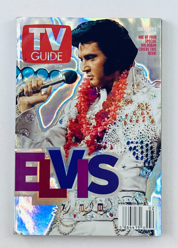 TV Guide Magazine cover from January 13, 2001 featuring Elvis Presley, one of four NY Metro editions, showcasing a holographic design and vibrant colors with the title 'ELVIS' prominently displayed.