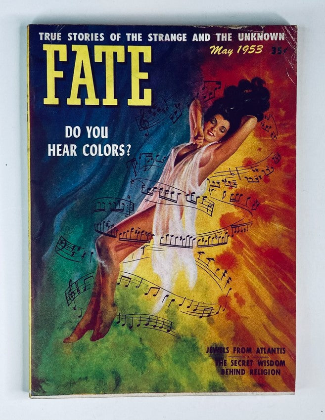 VTG Fate Magazine May 1953 Vol 6 No. 5 cover featuring the intriguing question 'Do You Hear Colors?' with a colorful illustration of a woman against a vibrant background.