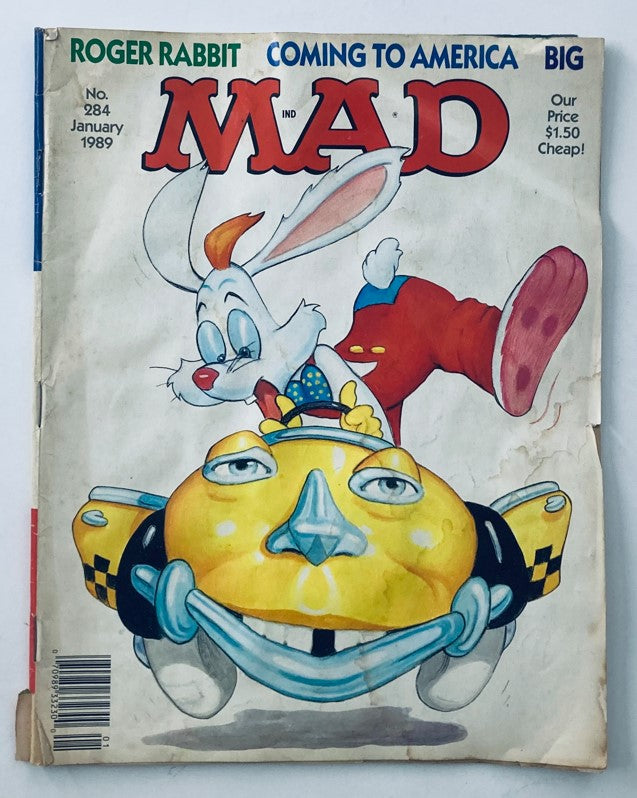 Cover of Mad Magazine January 1989 No. 284 featuring Roger Rabbit and a yellow taxi, titled 'Coming to America'. Iconic vintage issue showcasing 1980s satire and pop culture.