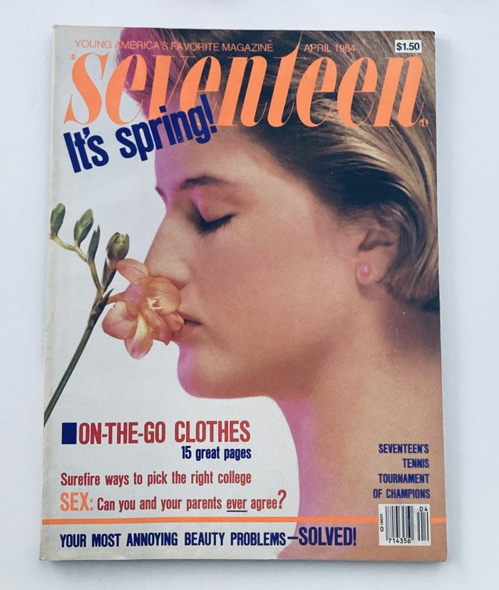 VTG Seventeen Magazine April 1984 cover featuring a model with a flower, celebrating Tennis Tournament Champions, capturing the essence of 1980s fashion and beauty trends.