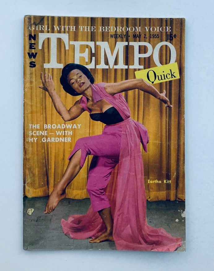 VTG Tempo & Quick Magazine cover from May 2, 1955, featuring Eartha Kitt in a striking pink outfit against a golden curtain backdrop.