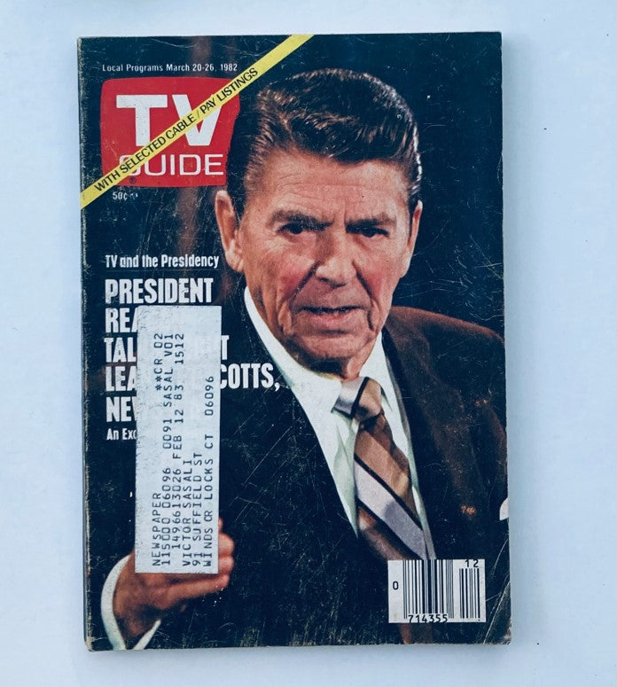 TV Guide Magazine March 20 1982 featuring Ronald Reagan, highlighting 'TV and the Presidency'. The cover includes the magazine title, with Reagan depicted in a suit and tie, showcasing an iconic moment in television history.