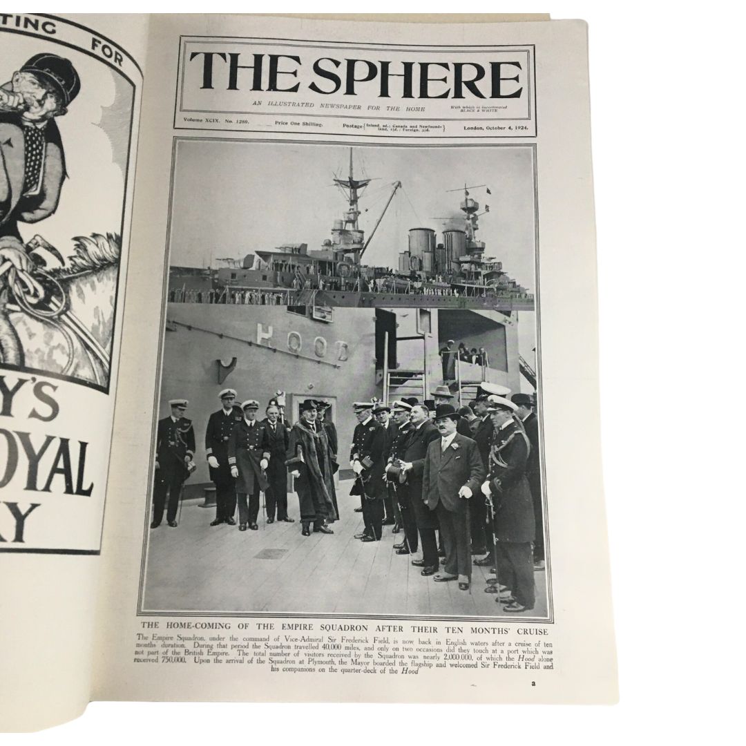 The Sphere Newspaper October 4 1924 featuring the Home-Coming of the Empire Squadron alongside historical imagery of naval officers and ships.