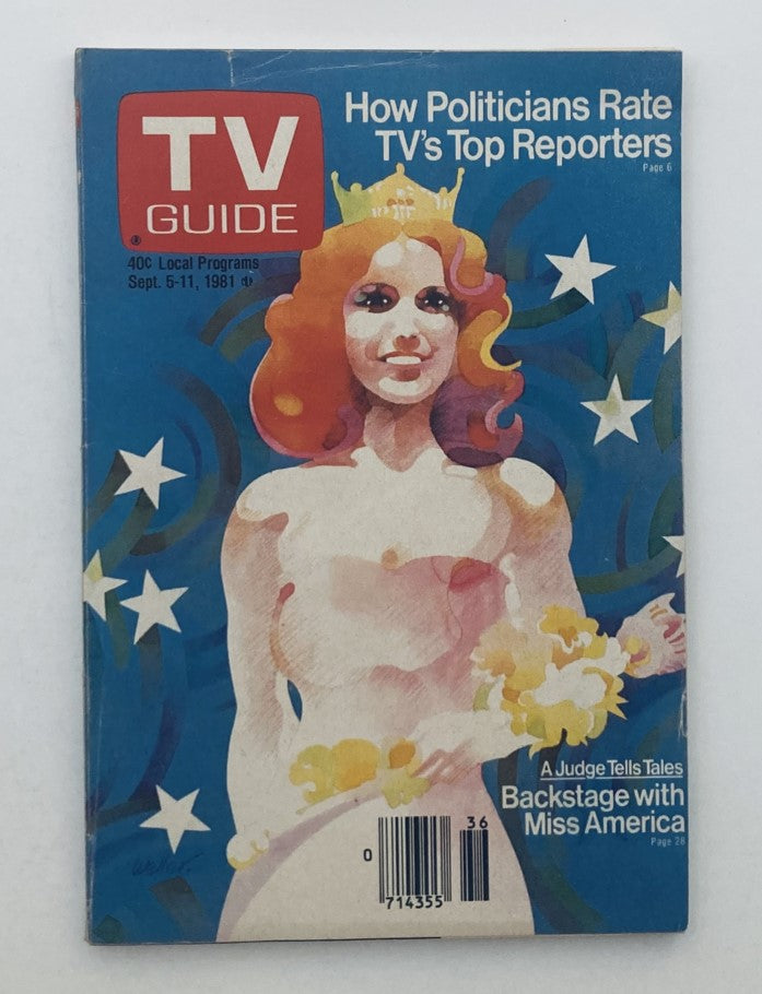 Cover of TV Guide Magazine from September 5, 1981 featuring Miss America with a colorful illustration and the title 'How Politicians Rate TV's Top Reporters'.
