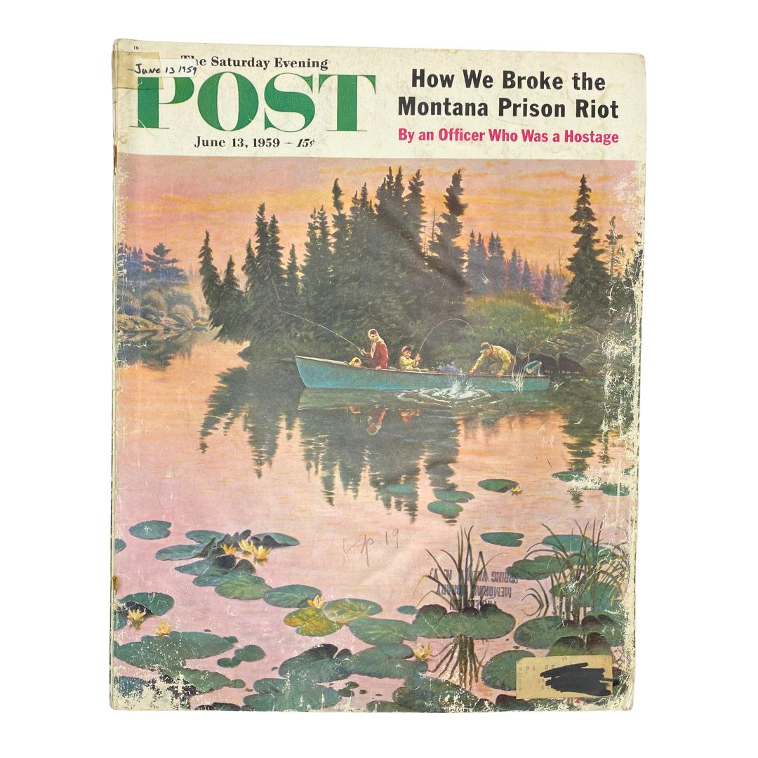 Cover of Saturday Evening Post Magazine June 13, 1959 featuring the painting 'All That Rumpus' by John Clymer, depicting a serene lake scene with fishing activities and lush nature.