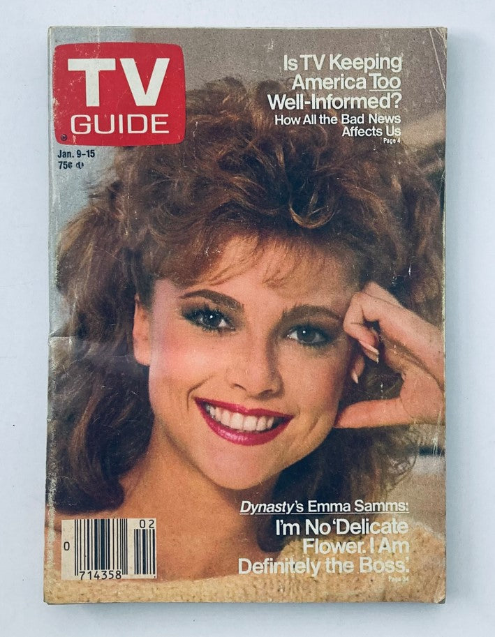 TV Guide Magazine January 9 1988 featuring Emma Samms on the cover with a smiling expression, showcasing notable headlines related to television and pop culture.