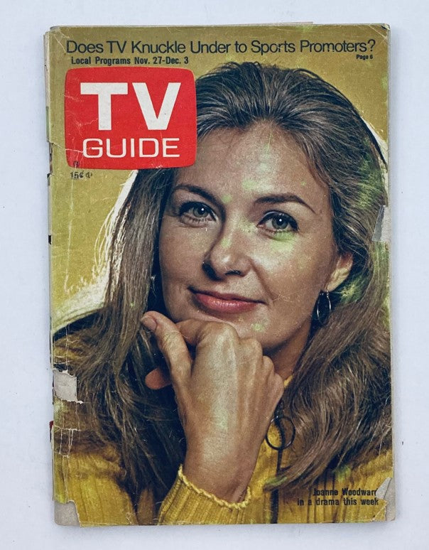 Cover of TV Guide Magazine November 27, 1971, issue #974 featuring Joanne Woodward, with the headline regarding TV sports promotion.