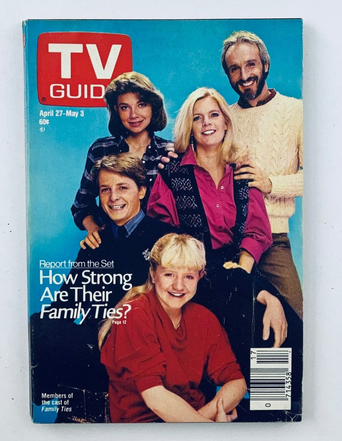 Cover of TV Guide Magazine from April 27, 1985, featuring the cast of Family Ties, showcasing iconic characters with nostalgic design elements.