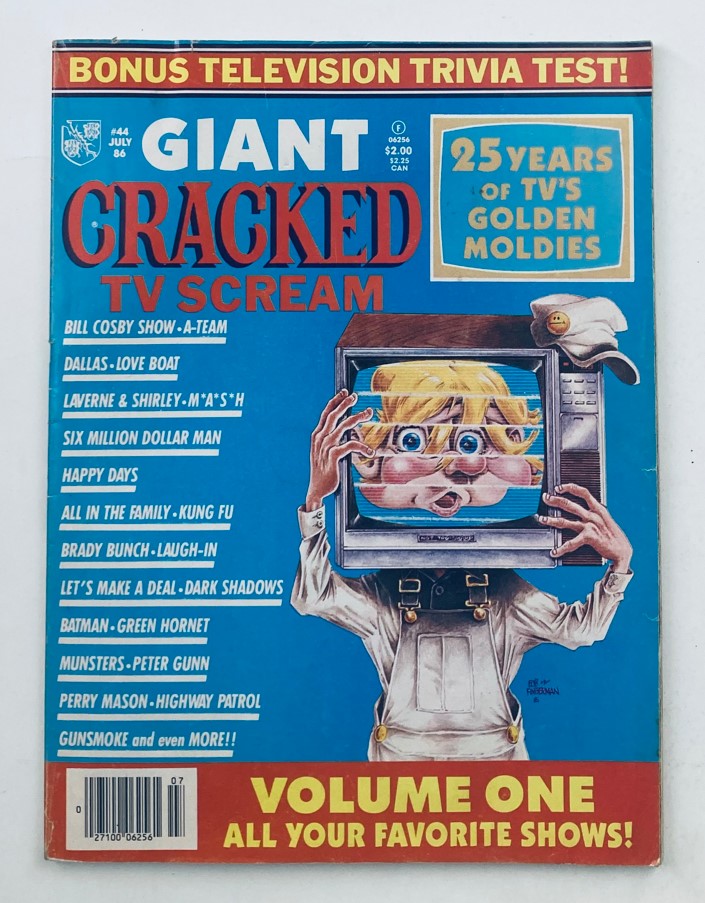 Cover of Giant Cracked Magazine July 1986 No. 44 featuring the Bill Cosby Show, showcasing various iconic TV shows and colorful graphics from the 80s.