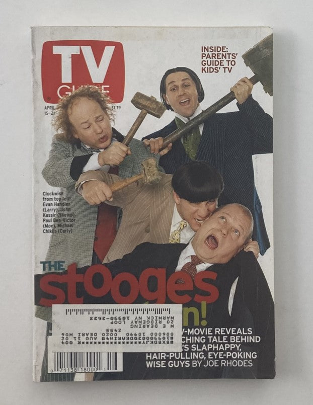TV Guide Magazine April 15 2000 The Three Stooges Return NY Metro Edition cover featuring the iconic trio in comedic poses with tools.