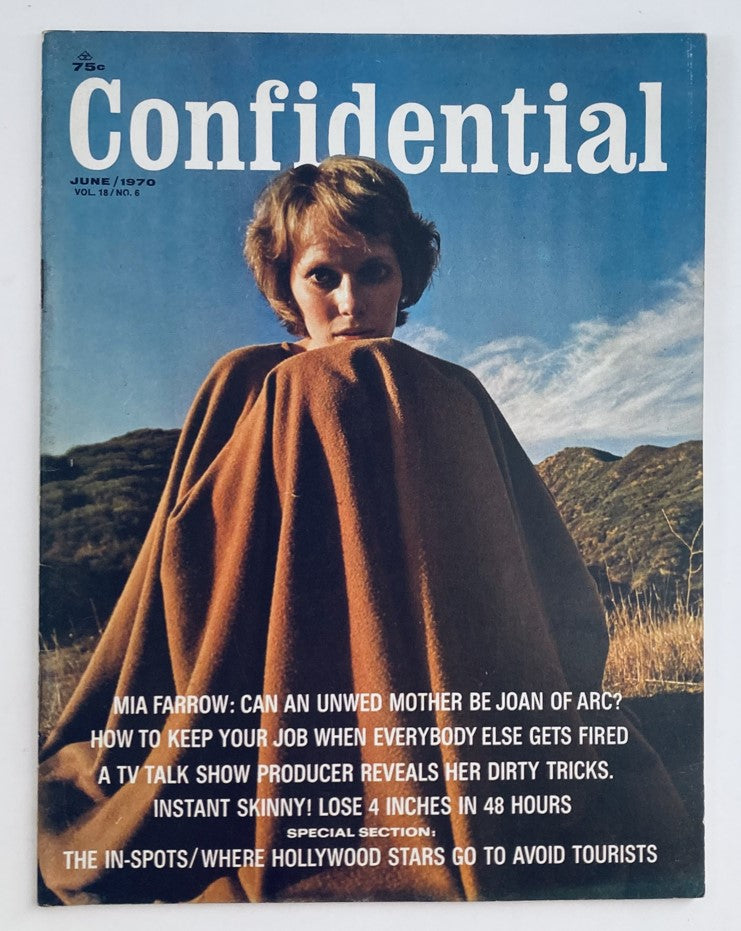 VTG Confidential Magazine June 1970 Vol 18 No. 6 featuring Mia Farrow on the cover, showcasing vintage pop culture with headlines on celebrity insights.