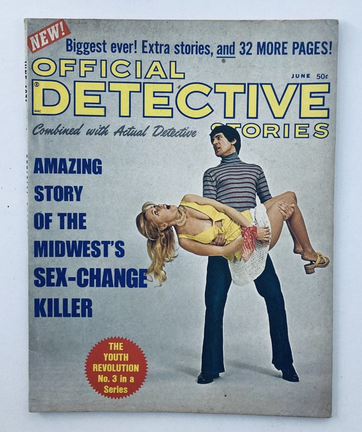 Official Detective Stories Magazine from June 1971 featuring the headline 'Amazing Story of the Midwest's Sex-Change Killer'. The cover showcases a dramatic illustration with a woman being held by a man, capturing the essence of crime and mystery narratives of the time.