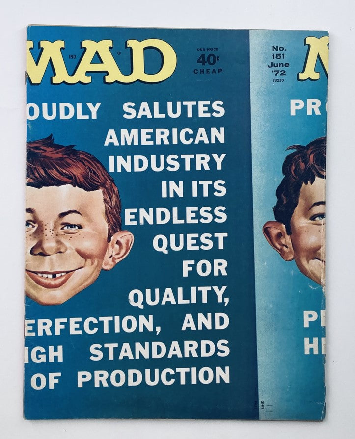 Mad Magazine June 1972 No. 151 cover featuring a humorous illustration of a smiling character, showcasing vibrant colors and playful text. This collectible item is in Very Good condition.