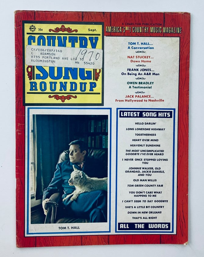 Cover of VTG Country Song Roundup Magazine September 1970 featuring Tom T. Hall, showcasing details about articles and song hits from the country music scene.