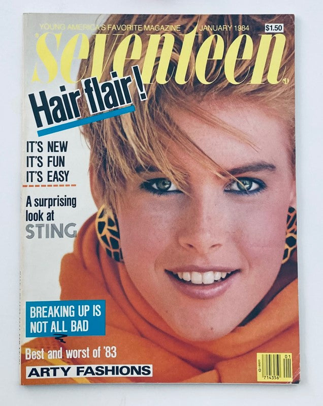 Cover of VTG Seventeen Magazine from January 1984 featuring model Rachel Dillman, with a focus on hair flair and an interview with Sting.
