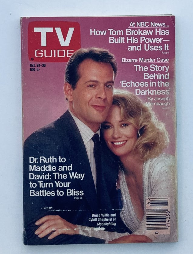 TV Guide Magazine October 24 1987 featuring Bruce Willis and Cybill Shepherd on the cover, showcasing the iconic TV series Moonlighting. This vintage issue highlights the entertainment landscape of the late 1980s.