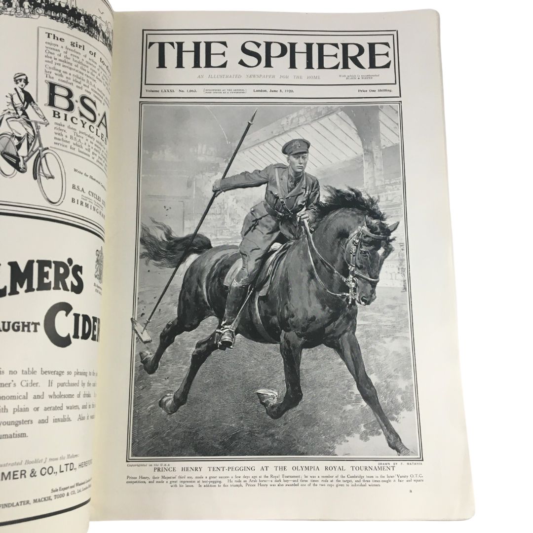The Sphere Newspaper June 5 1920 featuring Prince Henry riding at The Olympia Royal Tournament, showcasing a historic sport event.