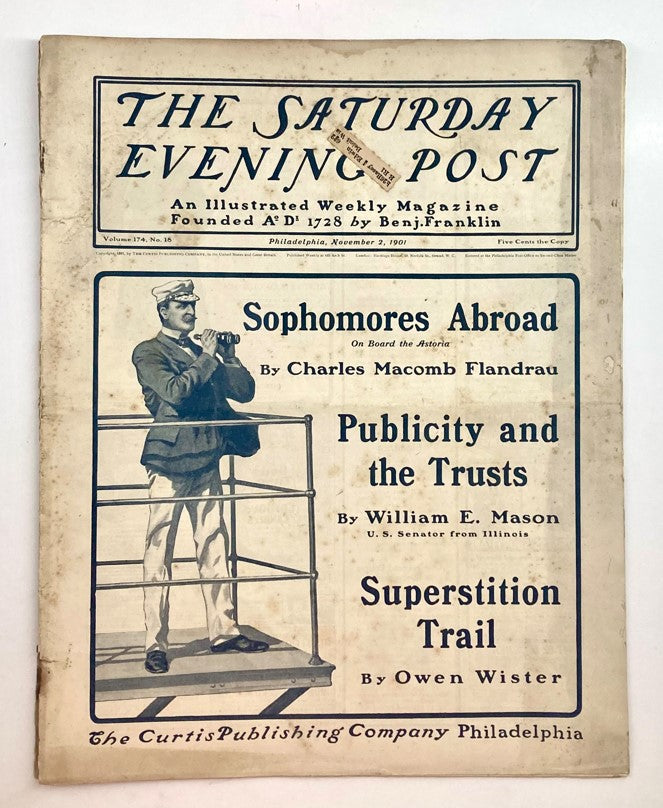 Cover of the Saturday Evening Post Illustrated Cover Magazine from November 2, 1901, featuring articles such as 'Sophomores Abroad,' 'Publicity and the Trusts,' and 'Superstition Trail.' This vintage magazine showcases historical American culture and art.