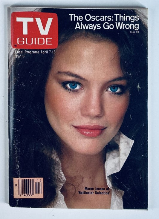 Cover of TV Guide Magazine April 7, 1979, #1358 featuring Maren Jensen, known for her role in Battlestar Galactica, with an article about the Oscars.