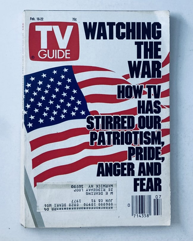 TV Guide Magazine February 16 1991 cover featuring the title 'Watching The War' alongside an American flag design, highlighting how television influenced public sentiment during the Persian Gulf War.