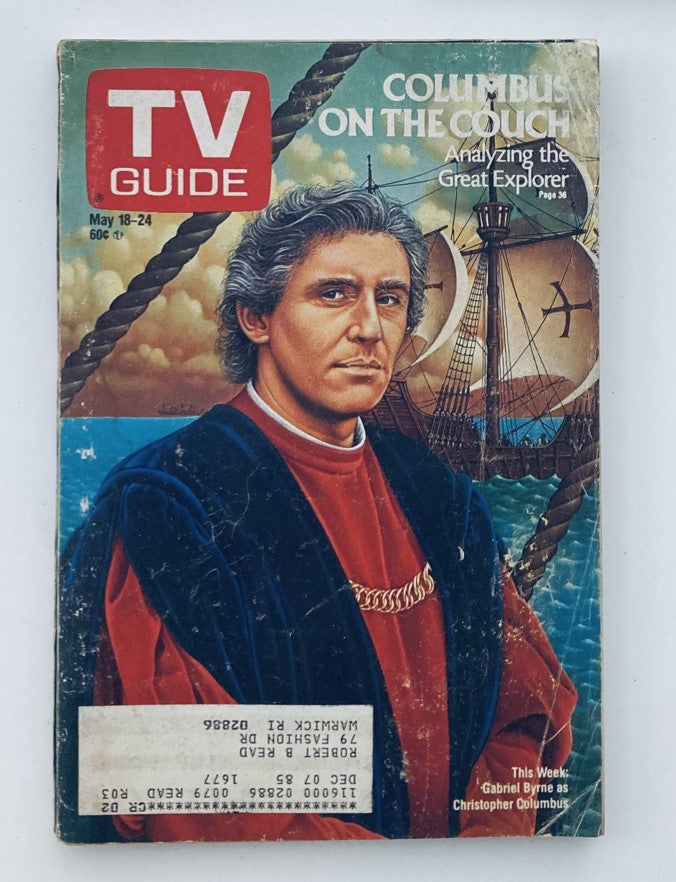 TV Guide Magazine May 18 1985 featuring Gabriel Byrne as Christopher Columbus on the cover, showcasing the vintage design and vibrant artwork of the publication.
