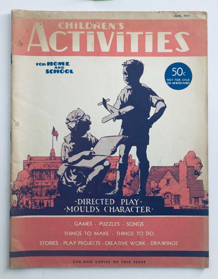 Children's Activities for Home and School June 1941 magazine cover featuring two children engaging in creative play, surrounded by illustrations of a school and homes, promoting educational activities like games and crafts.