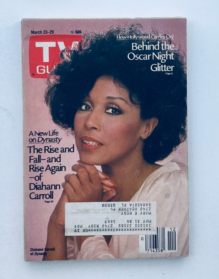TV Guide Magazine cover from March 23, 1985 featuring Diahann Carroll. The magazine highlights her feature on 'Dynasty' and includes articles about Oscar night celebrations.