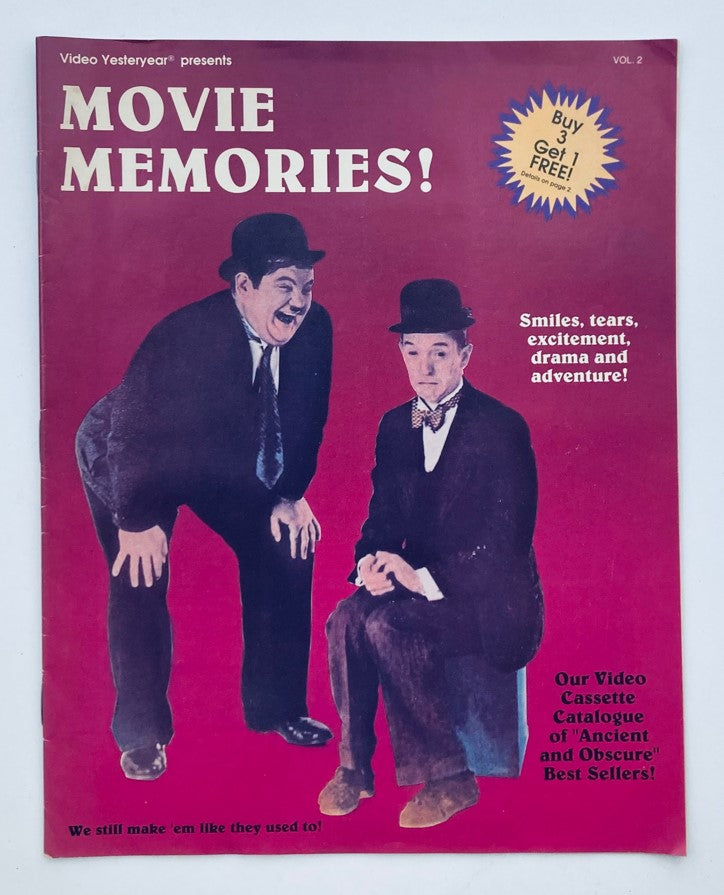 Cover of VTG Video Yesteryear Catalog Movie Memories Vol 2 featuring Stan Laurel and Oliver Hardy. The cover showcases vibrant colors with the text 'MOVIE MEMORIES!' and a promotional message about buying three catalog items.