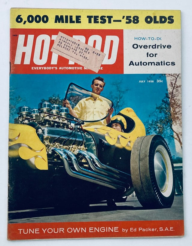 Cover of VTG Hot Rod Magazine July 1958, Volume 11, Number 7, featuring a yellow hot rod and detailed engine with a young man tuning it.