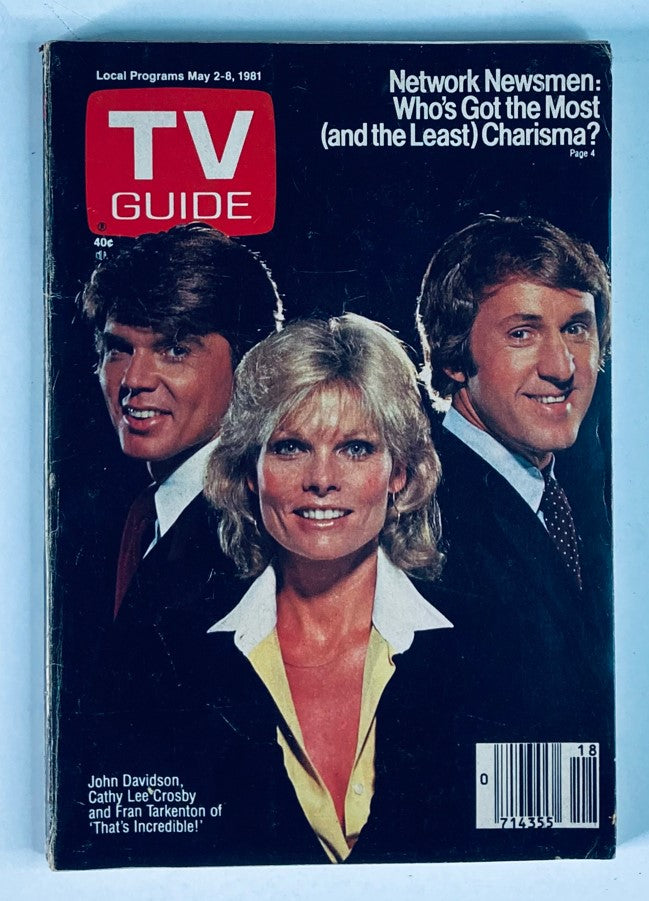 Cover of TV Guide Magazine May 2, 1981, Issue #1466 featuring John Davidson, Cathy Lee Crosby, and Fran Tarkenton. The magazine explores network news charisma, highlighting iconic television personalities from the early 80s.
