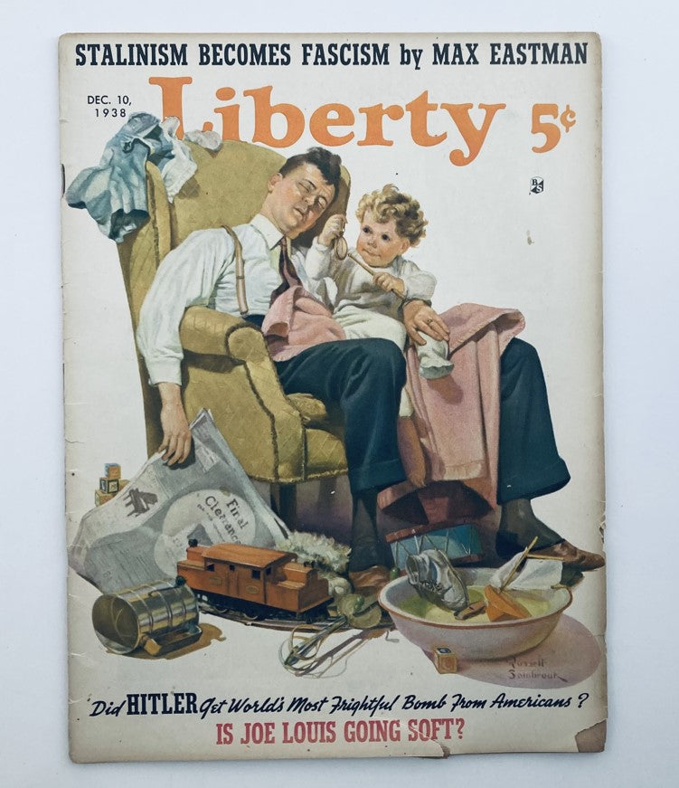 Cover of Liberty Magazine dated December 10, 1938 featuring the headline 'Is Joe Louis Going Soft?' with an illustration of a father and child.