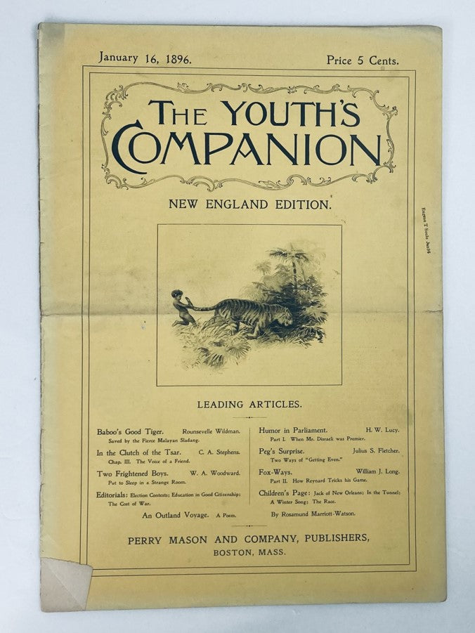 Cover of VTG The Youth's Companion Magazine dated January 16, 1896 featuring the article 'Baboo's Good Tiger' with a tiger illustration.