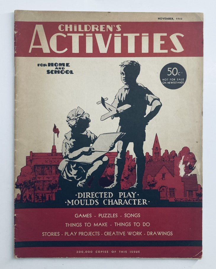 Cover of Children's Activities for Home and School, November 1943, featuring a vintage design with children engaged in creative play, emphasizing educational content for home and school.