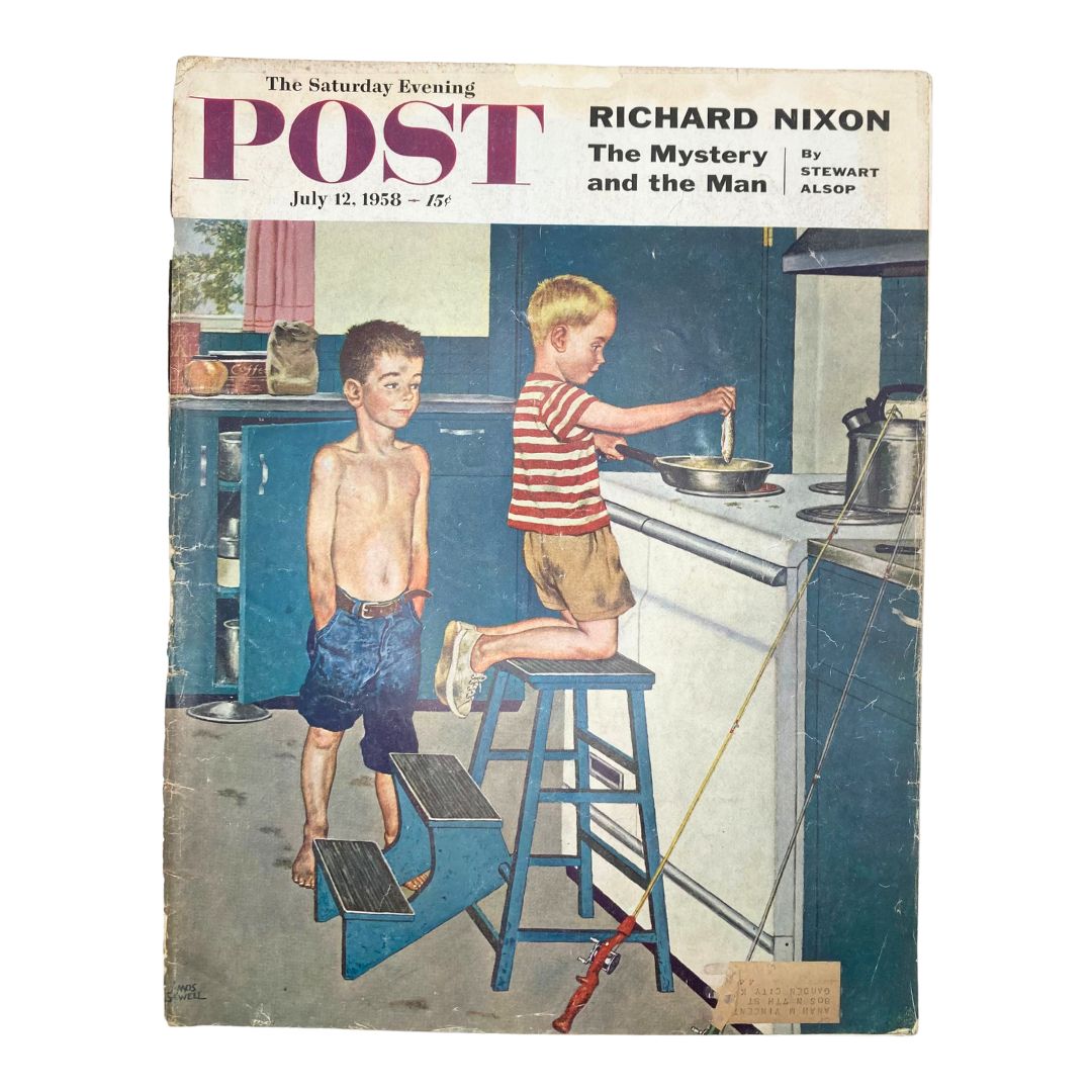 Cover of the Saturday Evening Post Magazine July 12, 1958 featuring the illustration 'The Fisherfolk' by Amos Sewell, depicting two boys in a kitchen engaged in playful activities.