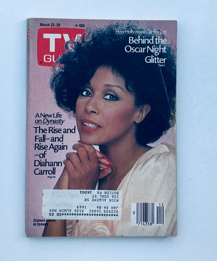 TV Guide Magazine cover featuring Diahann Carroll, from March 23 1985, highlighting her role in Dynasty. The magazine showcases articles about Hollywood, including features on the Oscars.